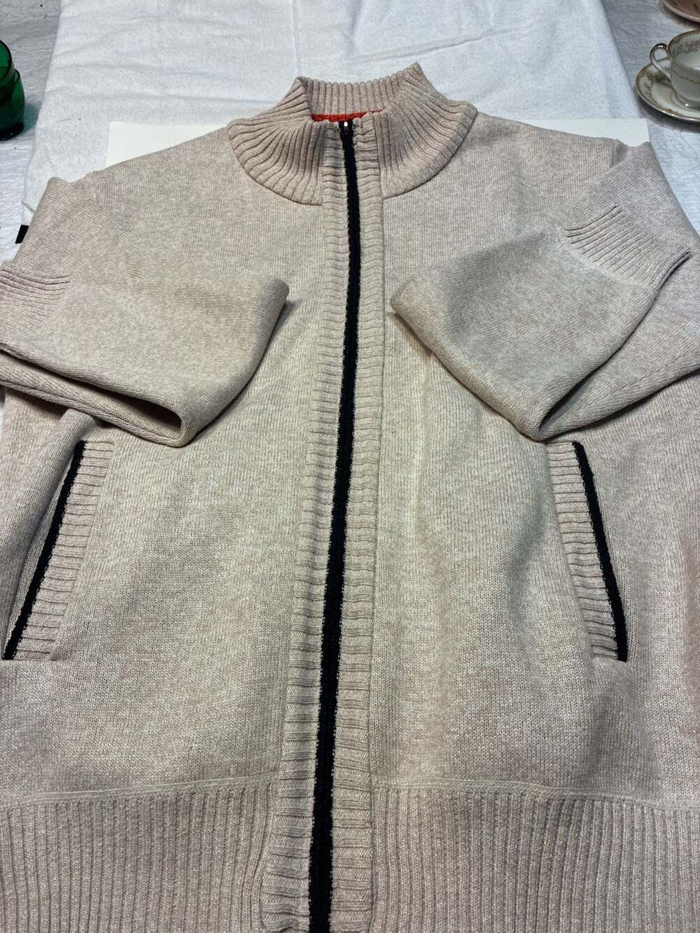 Yeokou Men's Beige Full Zip Stand Collar Knit Cardigan Sweater